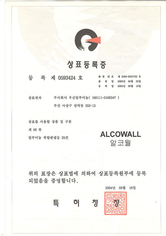 Trademark Registration(ALCOWALL)