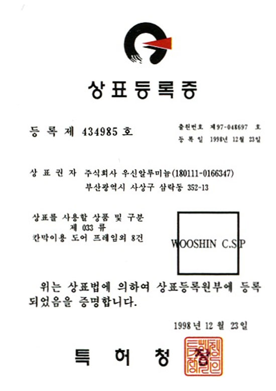 Trademark Registration(WOOSHIN C.S.P)